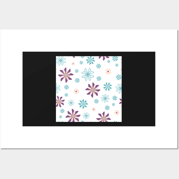 Geometric flowers in teal and purple on white background Wall Art by MegMarchiando